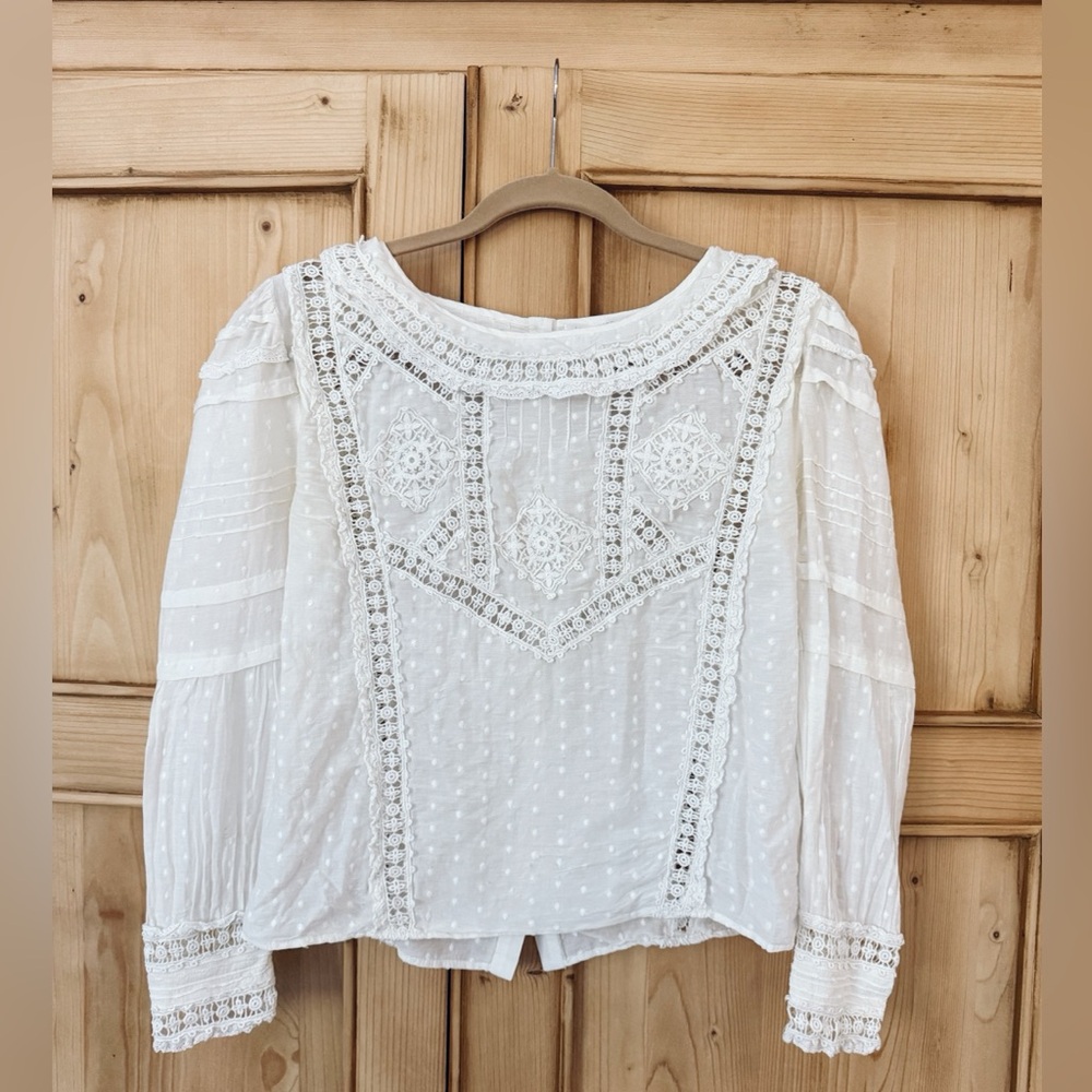 LoveShackFancy White Eyelet Silk Cotton Blend Collared Blouse